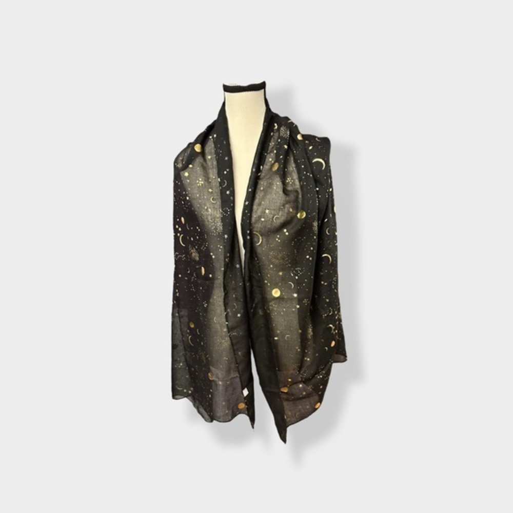 Women’s unisex Black Gold Moon and Stars Large Shawl
